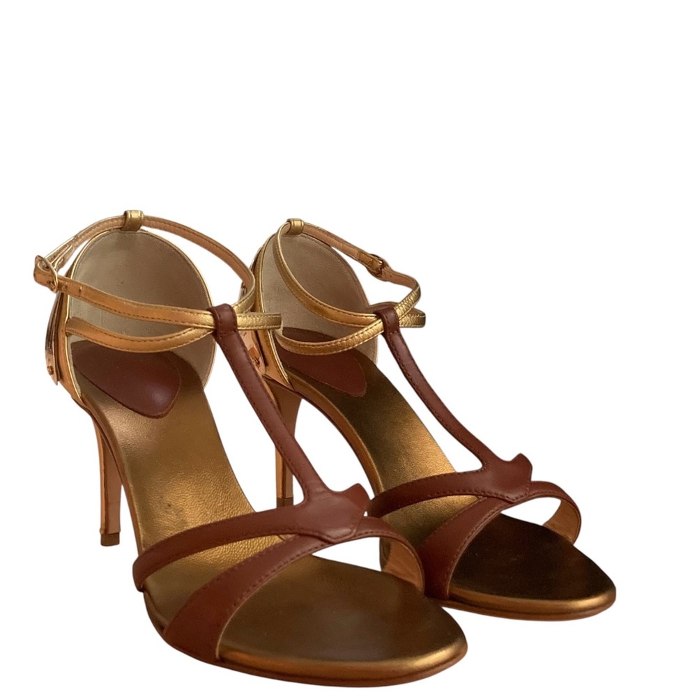 GIUSEPPE ZANOTTI | Cognac Gold Leather T-Strap Stiletto Sandals Heels 37.5 IT